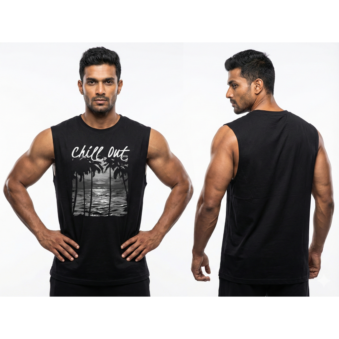 Man wearing a black sleeveless shirt with 'Chill Out' and palm tree design, showing front and back views.