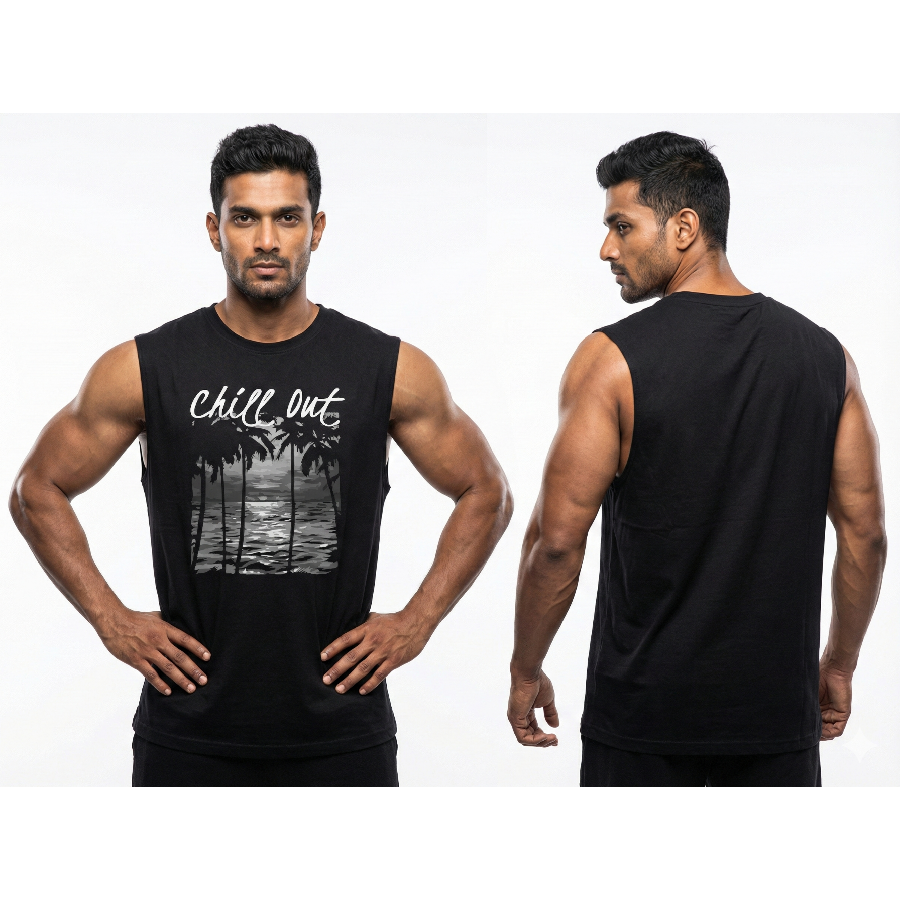 Man wearing a black sleeveless shirt with 'Chill Out' and palm tree design, showing front and back views.