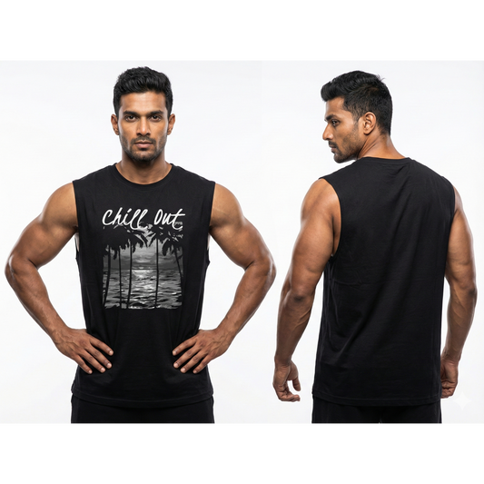 Man wearing a black sleeveless shirt with 'Chill Out' and palm tree design, showing front and back views.